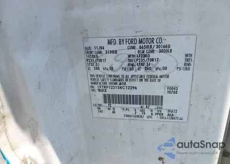 2005 Ford F-150 Stx/Xl/Xlt из США, поврежденный, VIN 1FTRF12215KC12296